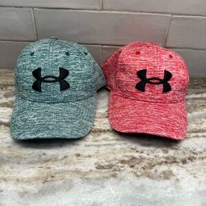 Lot of 2 Under Armour Green & Red Heathered Caps Hats Adjustable Metal Clasp
